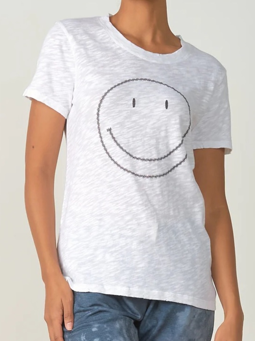 Elan White Distressed Tee with Black Smiley Graphic